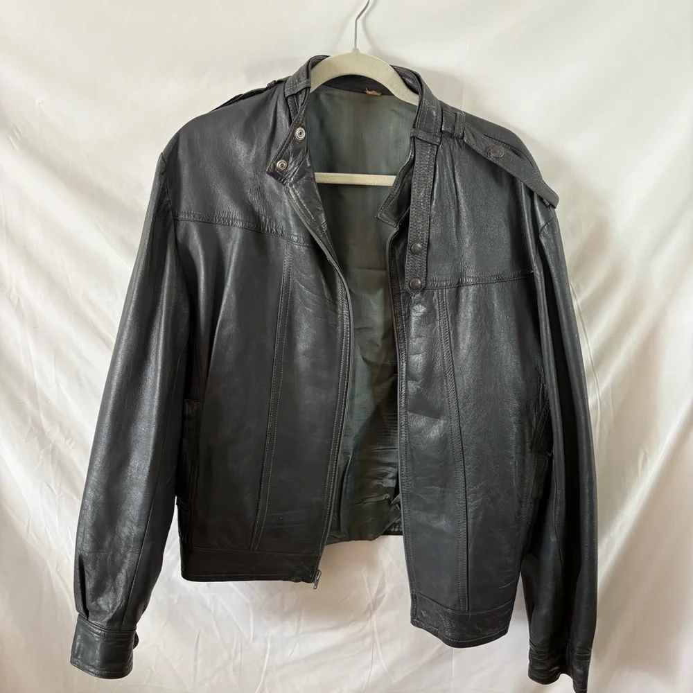 Vintage slate gray bomber leather jacket zip up mens womens moto indie biker